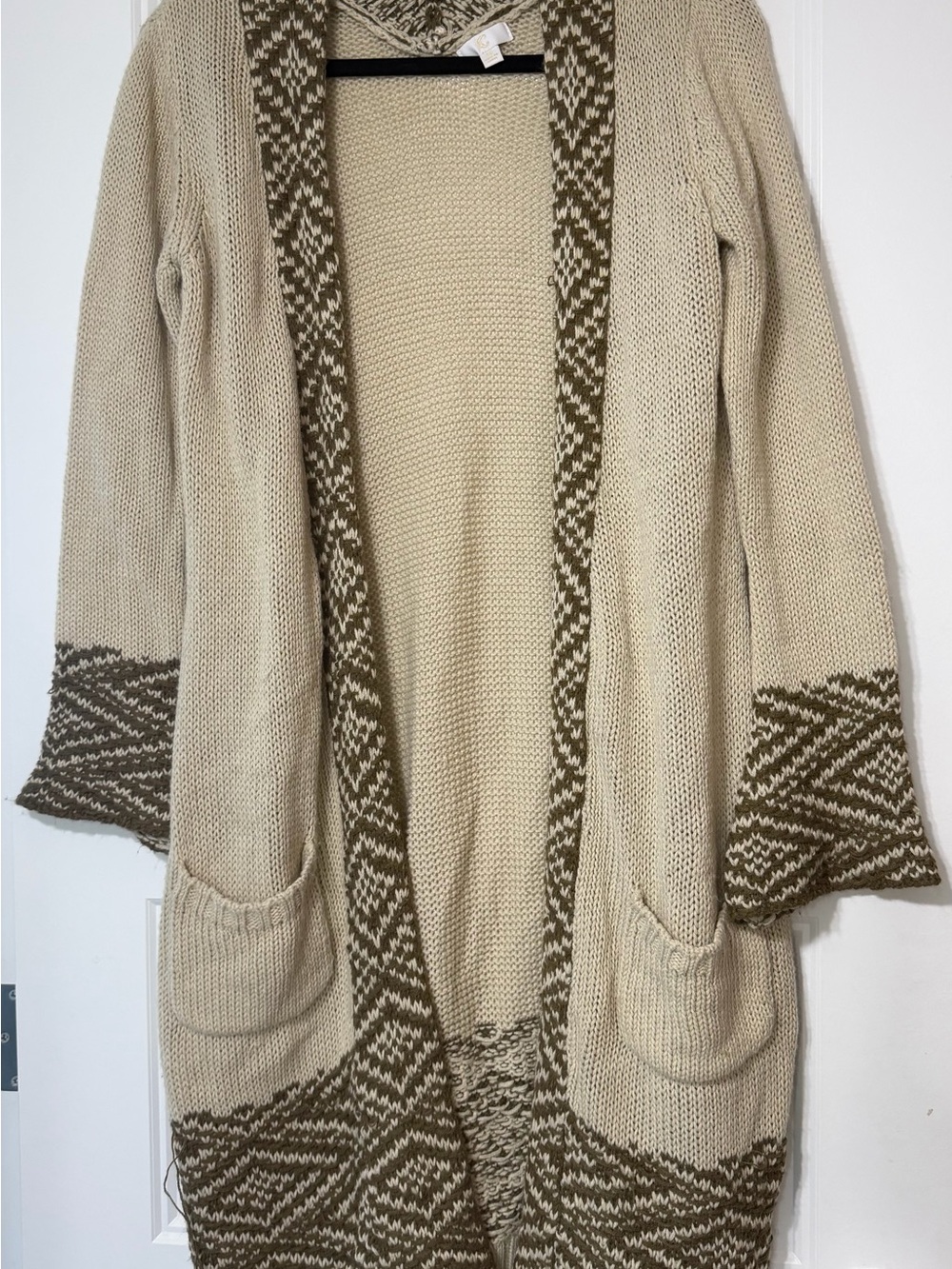 Open Front Cream and Olive Knit Cardigan Sweater